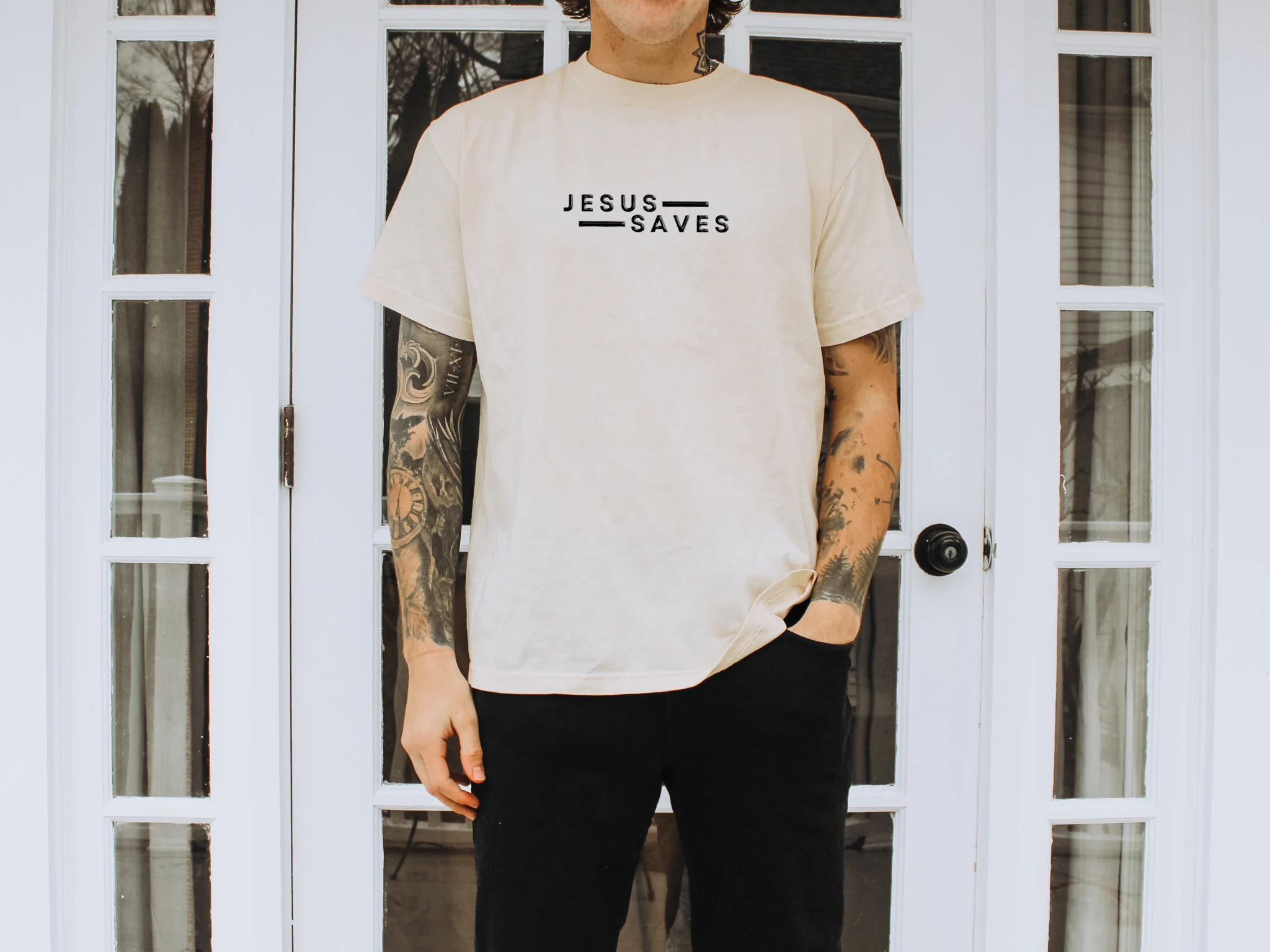 JESUS SAVES UNISEX TEE (PUFFED DESIGN) - Image 2