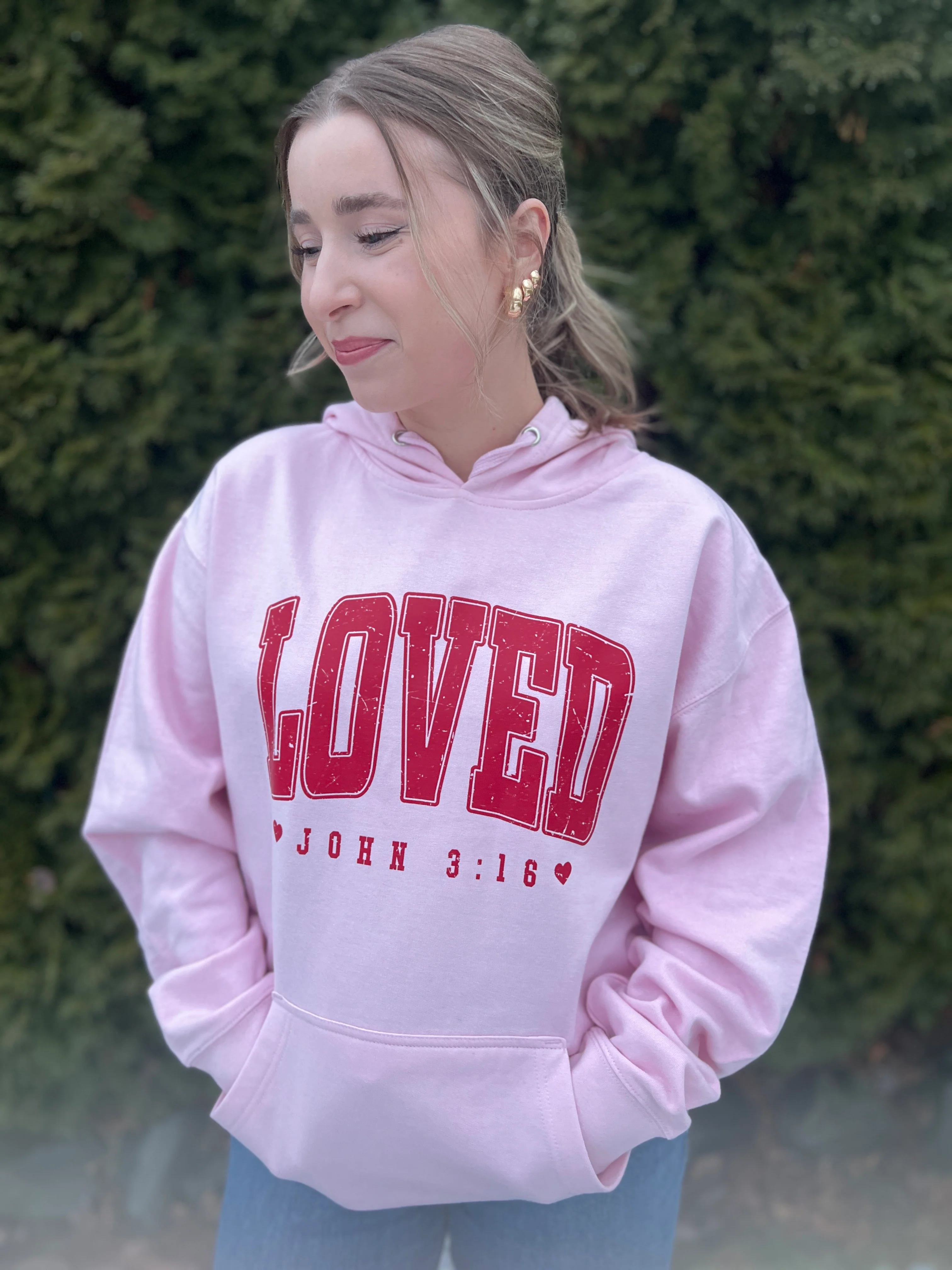 JOHN 3:16 LOVED UNISEX PINK HOODED SWEATSHIRT - Image 3