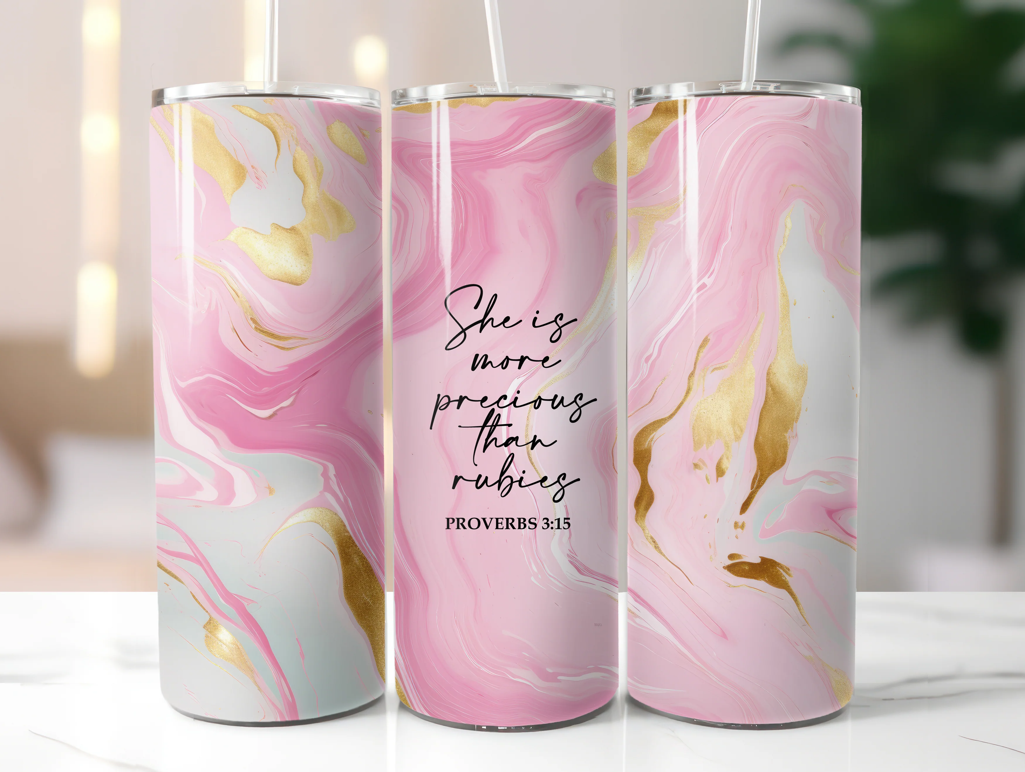 SHE IS MORE PRECIOUS THAN RUBIES 20 OZ. SKINNY STAINLESS STEEL TUMBLER - Image 2