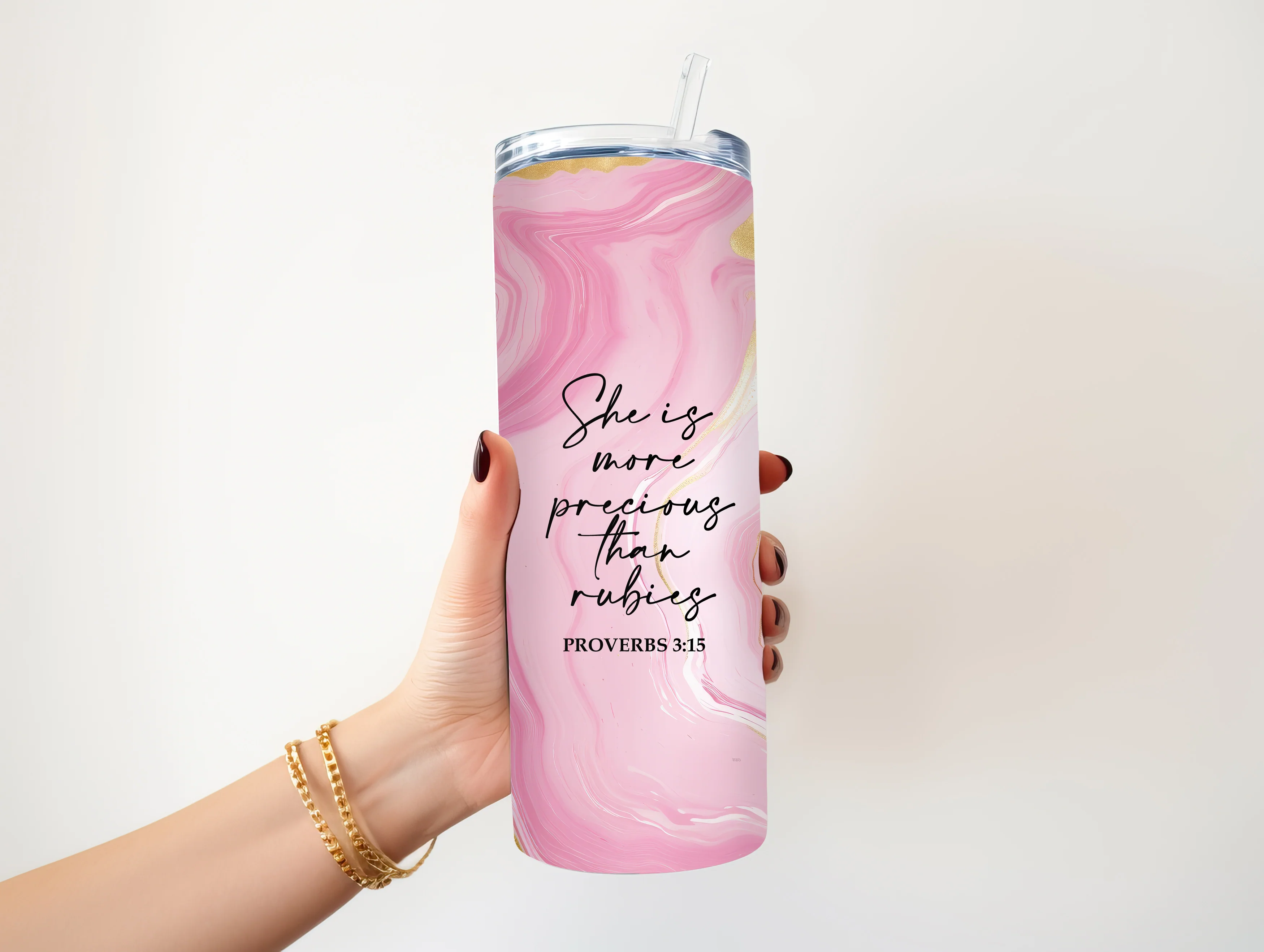 SHE IS MORE PRECIOUS THAN RUBIES 20 OZ. SKINNY STAINLESS STEEL TUMBLER - Image 3