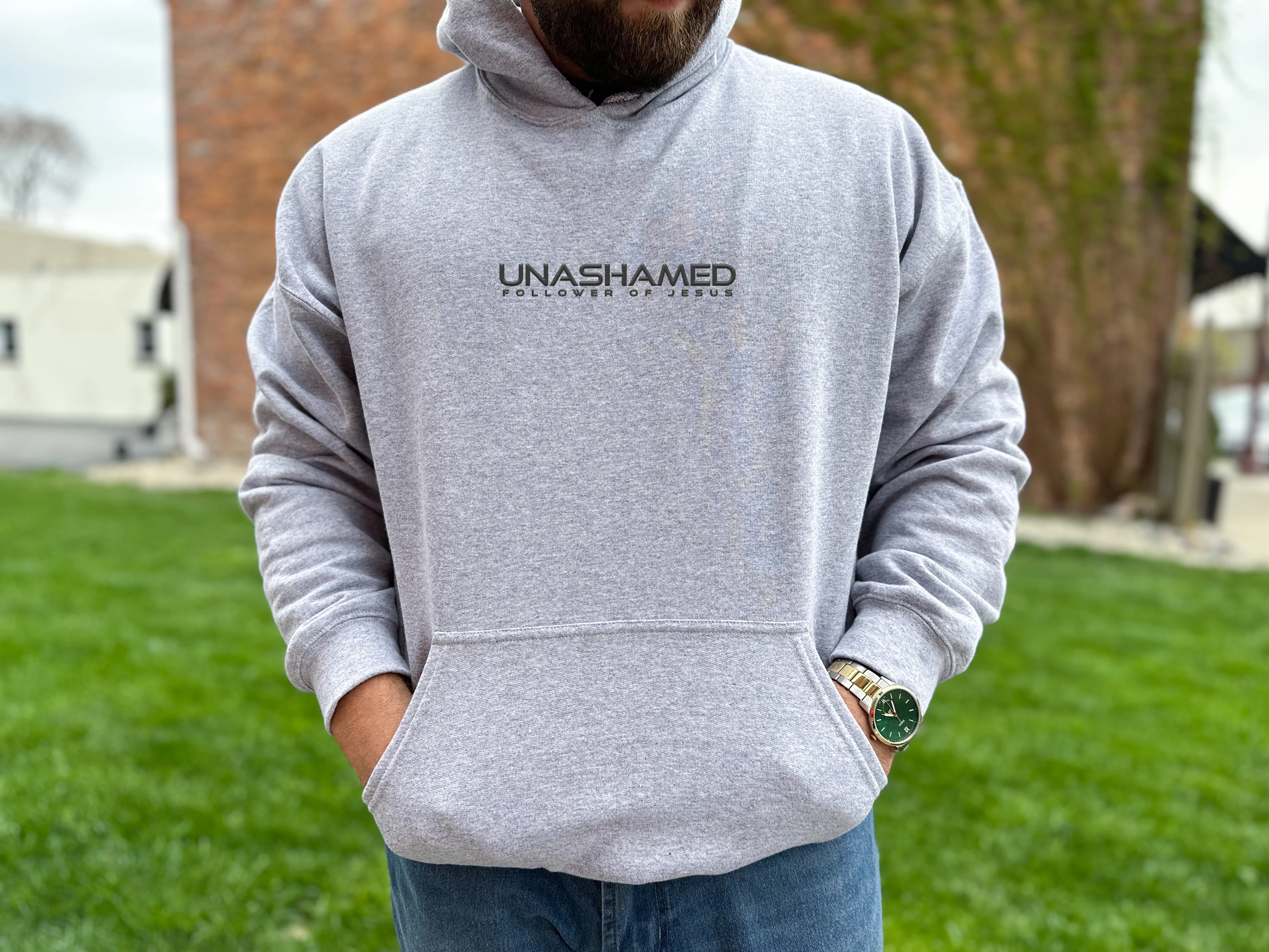 UNASHAMED UNISEX HEATHER GREY HOODIE SWEATSHIRT (PUFFED DESIGN)