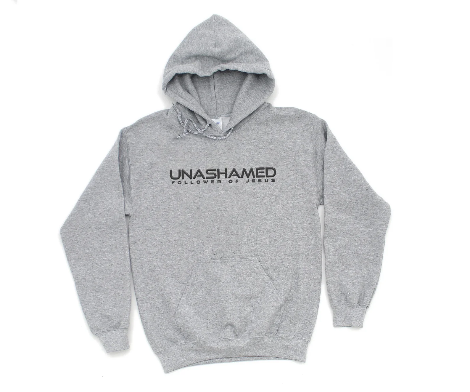 UNASHAMED UNISEX HEATHER GREY HOODIE SWEATSHIRT (PUFFED DESIGN) - Image 2