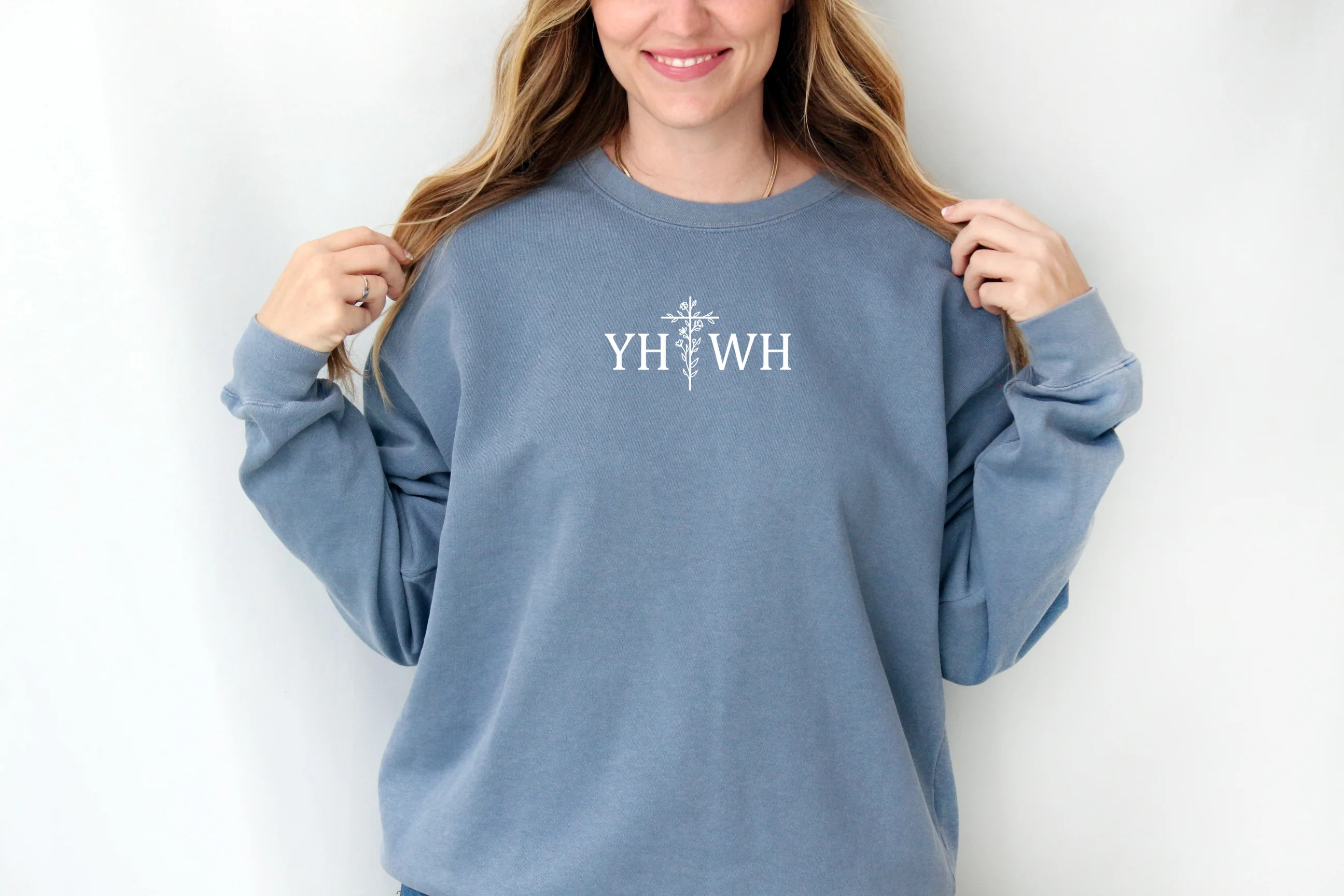 YAHWEH (YHWH) WITH A FLORAL CROSS UNISEX SWEATSHIRT - Image 2