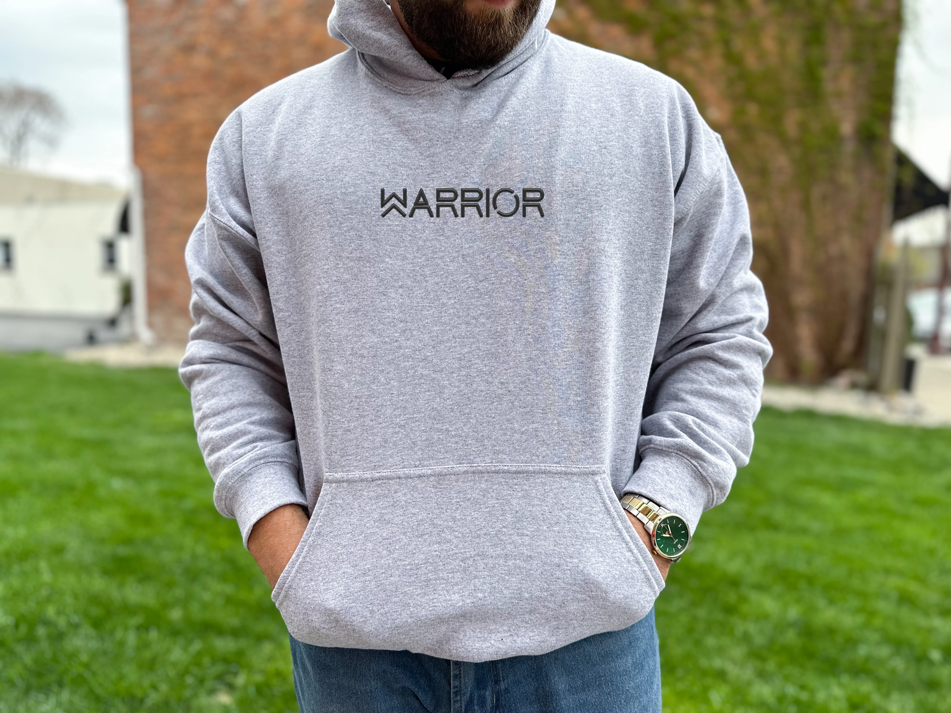 WARRIOR UNISEX HEATHER GREY HOODIE (PUFFED DESIGN)
