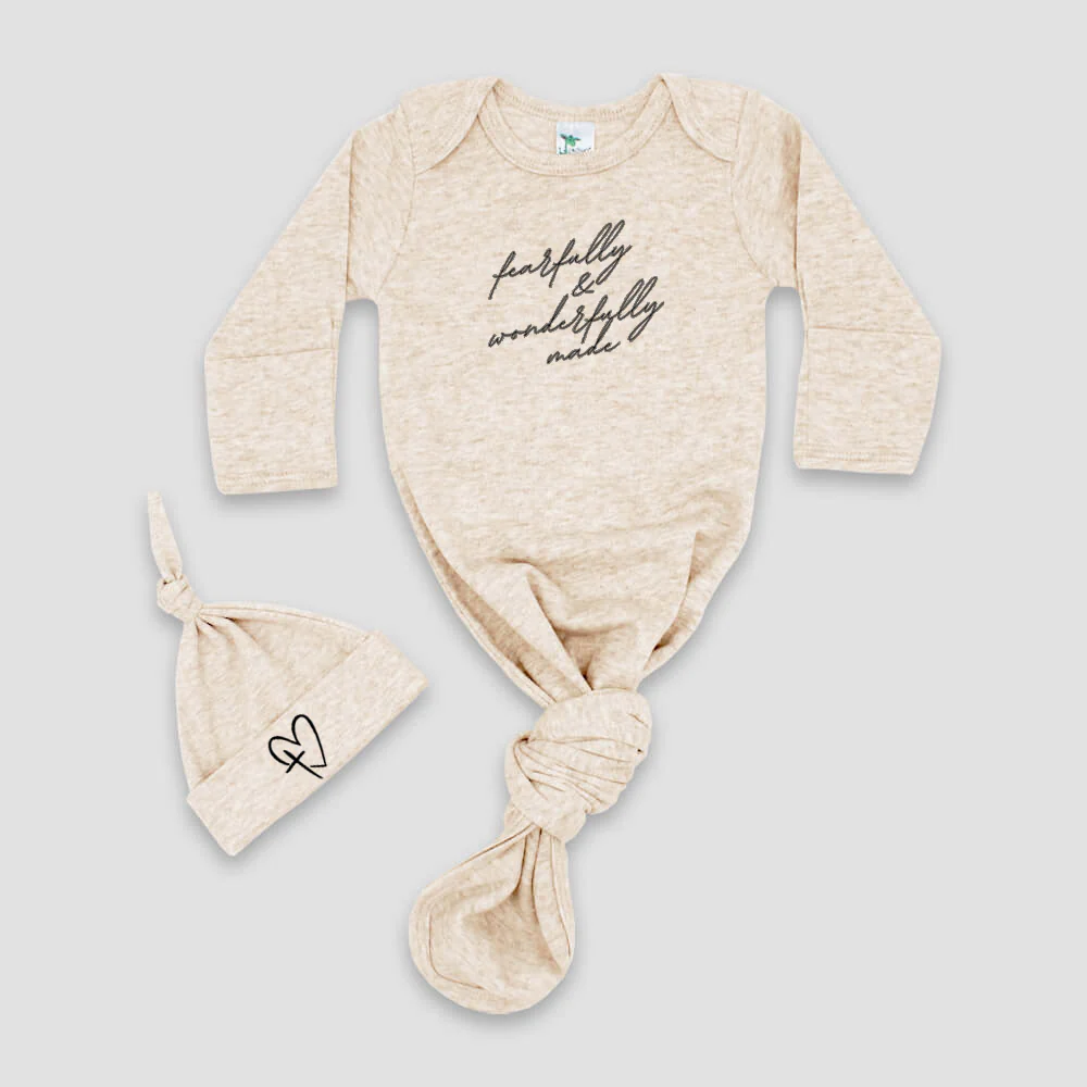 "FEARFULLY AND WONDERFULLY MADE" KNOTTED BABY GOWN AND HAT SET