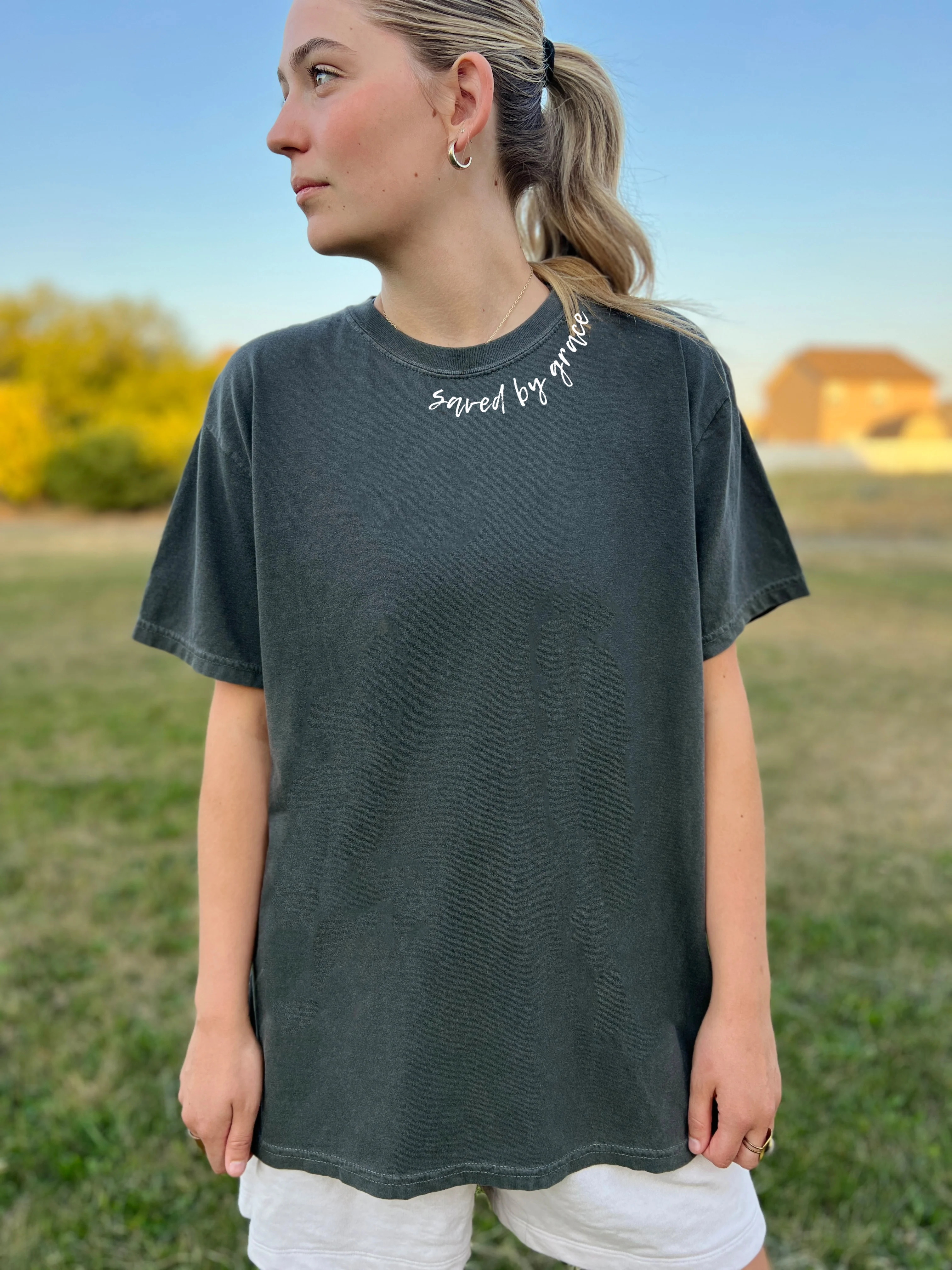 SAVED BY GRACE AROUND THE NECK UNISEX TEE - Image 2