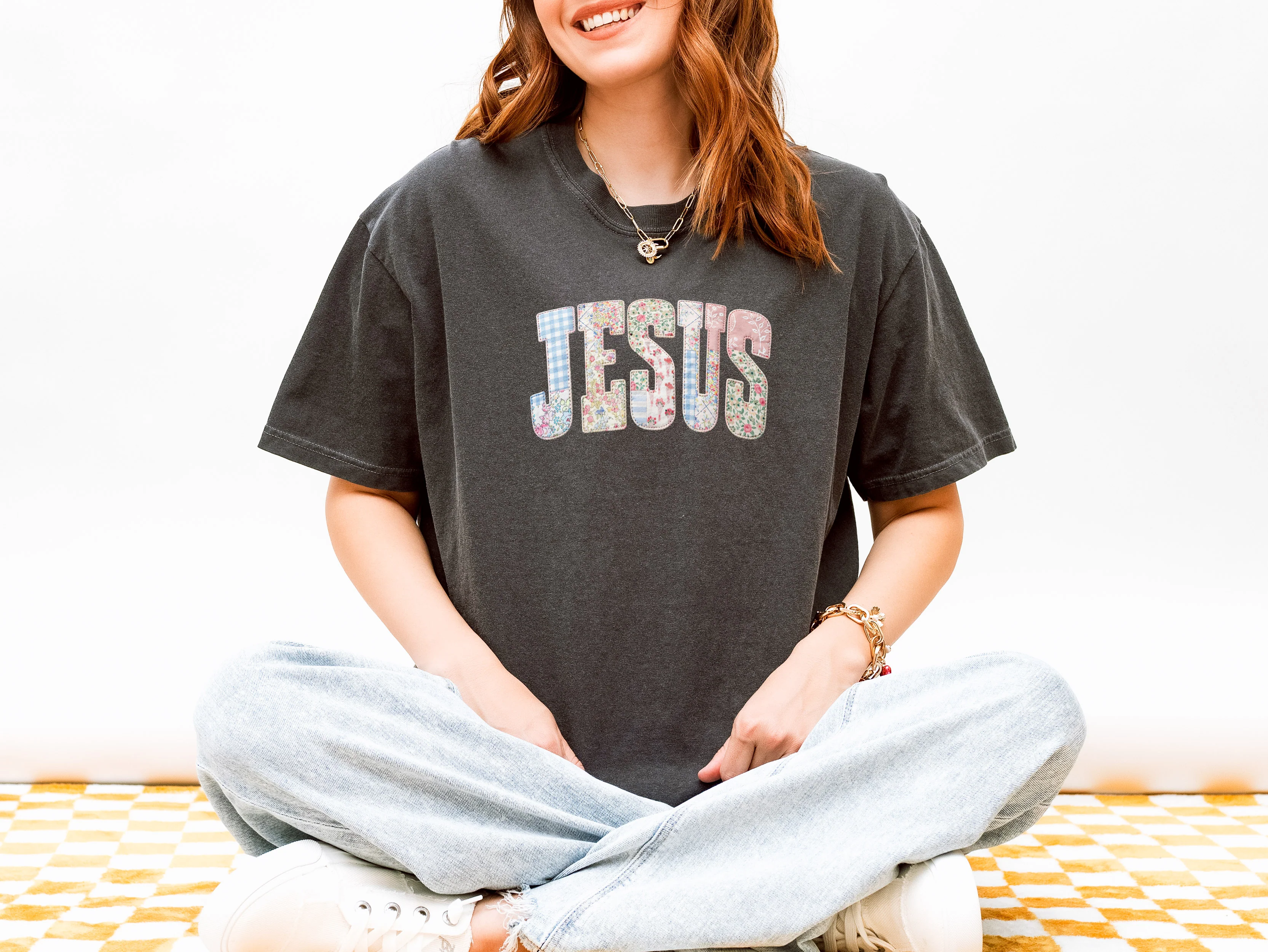 PREPPY FAUX PATCHWORK JESUS UNISEX TEE - Image 4