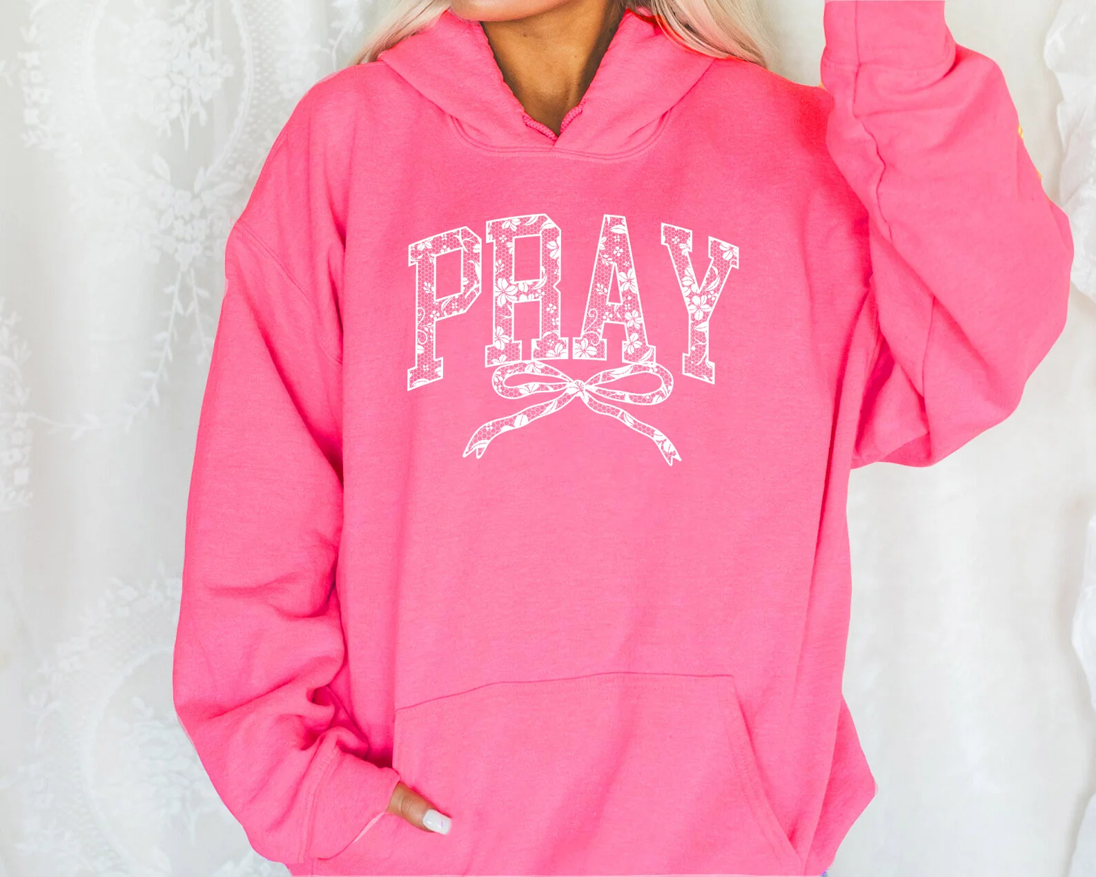 PRAY WITH BOW UNISEX HOODED SWEATSHIRT - Image 3