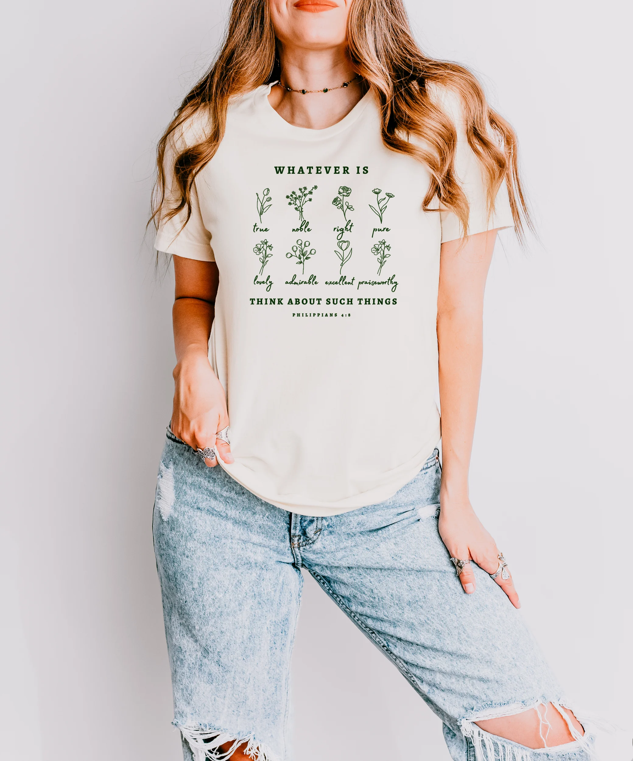 PHILIPPIANS 4:8 WHATEVER IS...THINK ABOUT SUCH THINGS UNISEX TEE (PRINT IN DARK GREEN ON IVORY TEE))