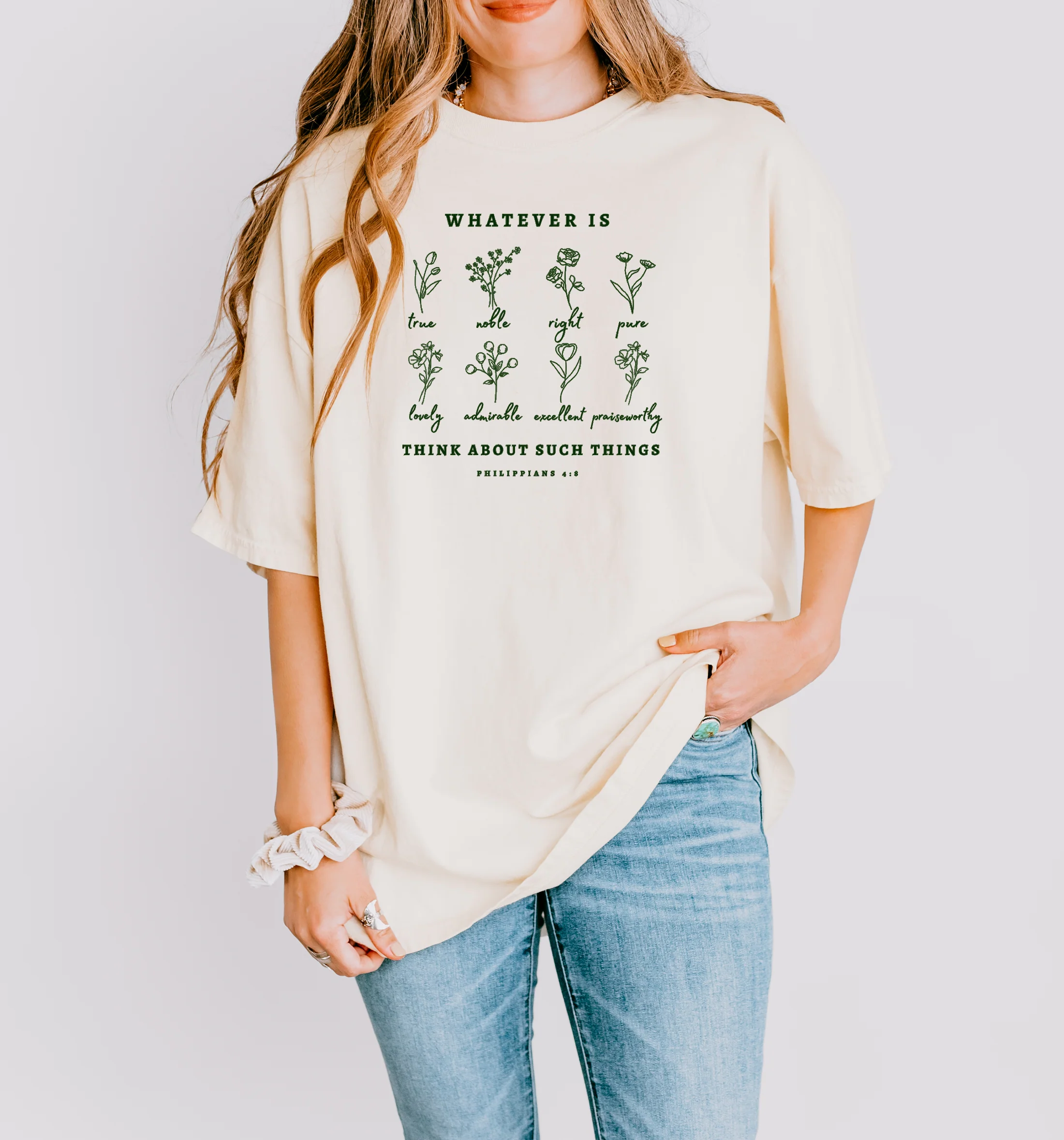 PHILIPPIANS 4:8 WHATEVER IS...THINK ABOUT SUCH THINGS UNISEX TEE (PRINT IN DARK GREEN ON IVORY TEE)) - Image 3