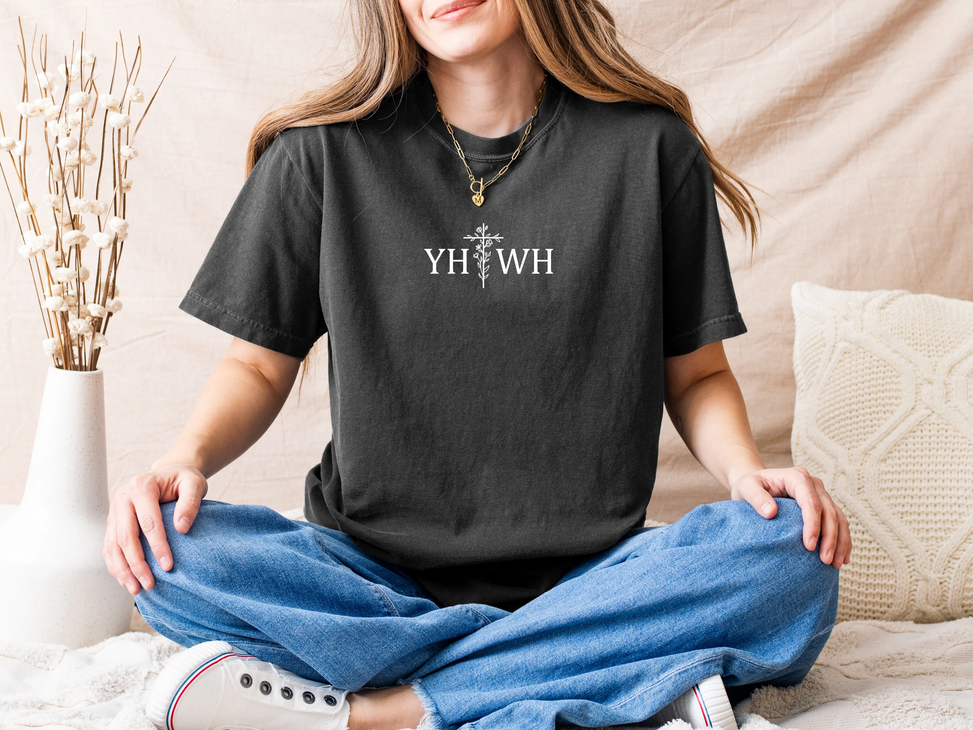 YAHWEH (YHWH) WITH FLORAL CROSS UNISEX TEE - Image 3