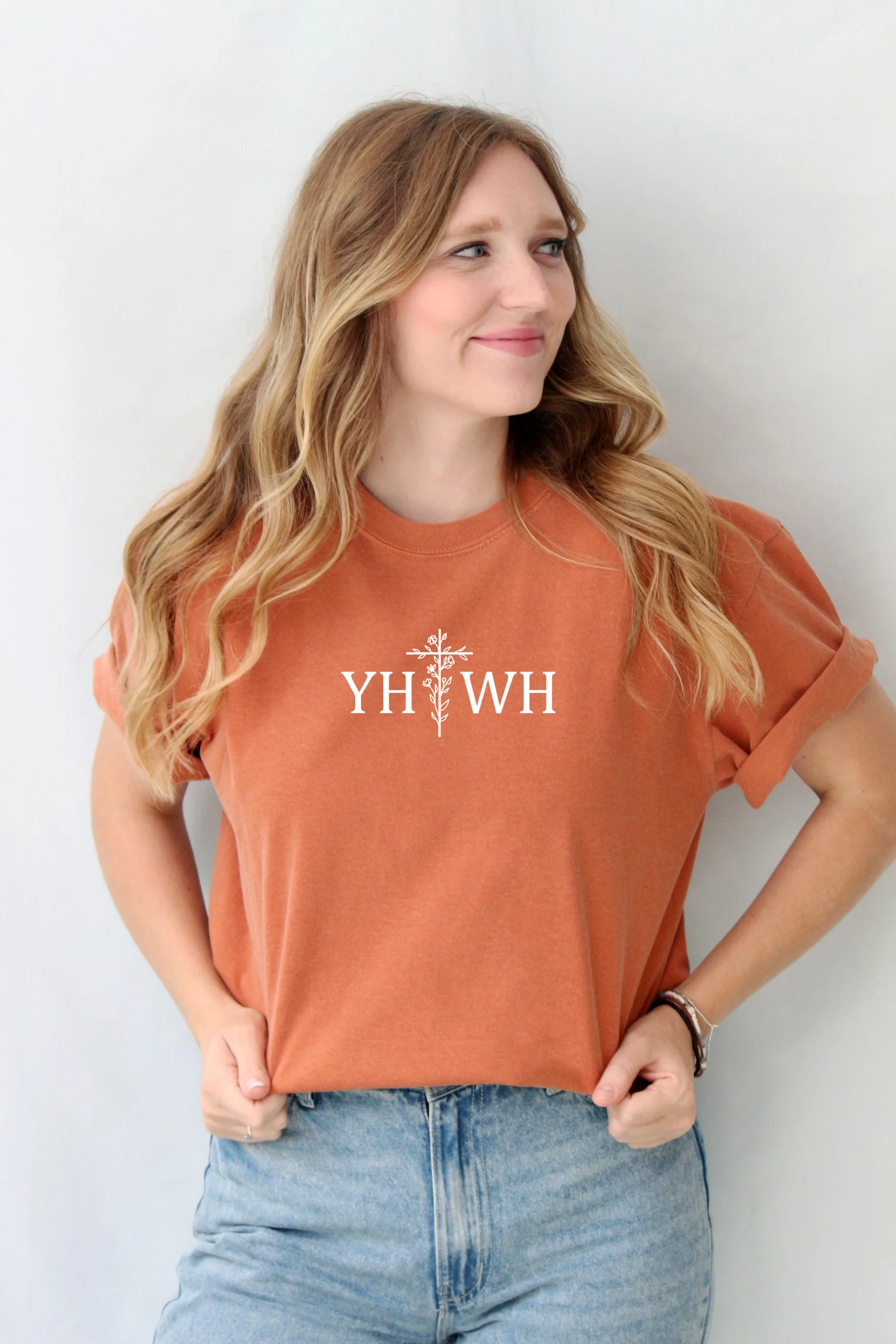 YAHWEH (YHWH) WITH FLORAL CROSS UNISEX TEE - Image 4