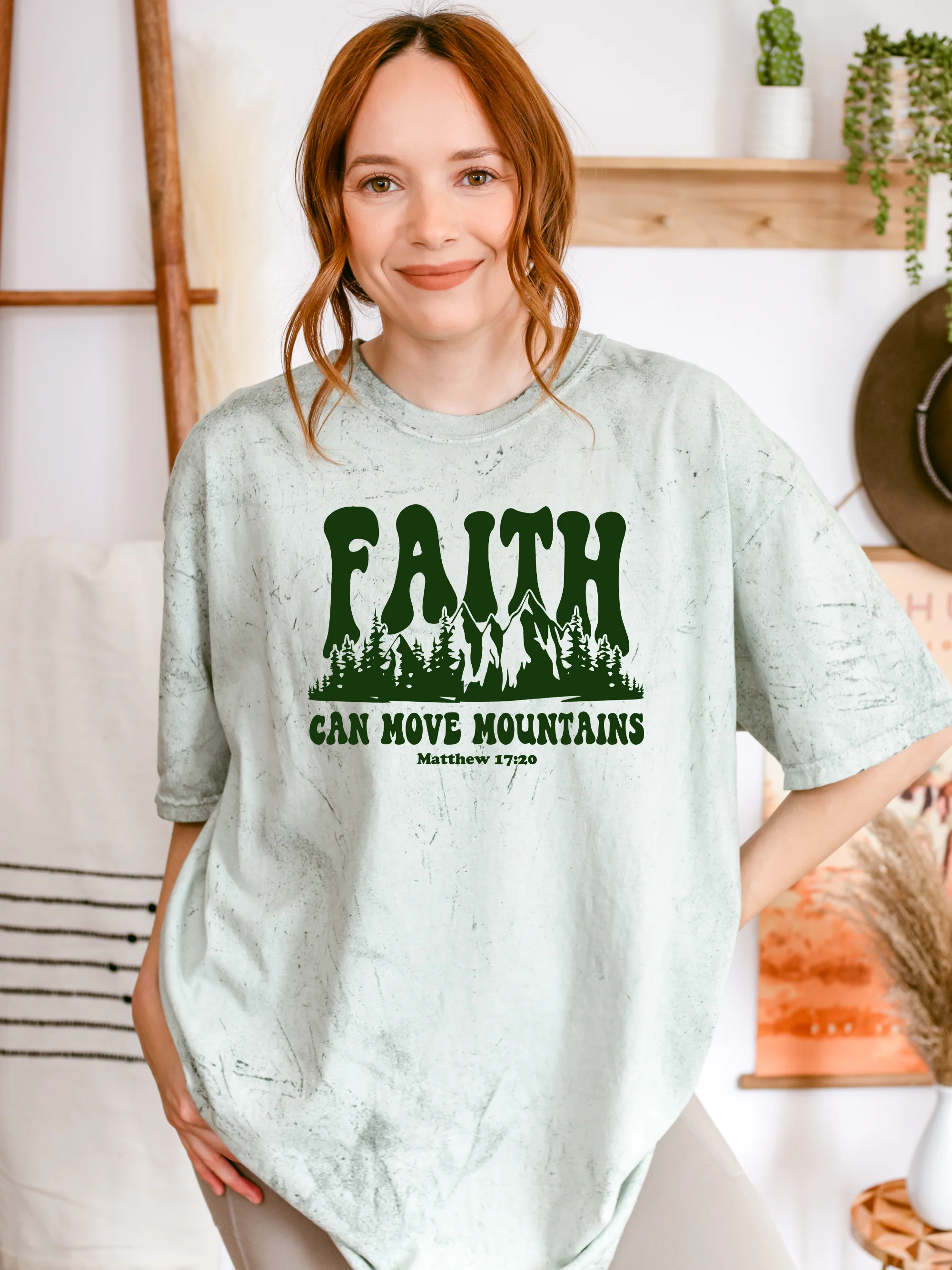 FAITH CAN MOVE MOUNTAINS UNISEX TEE IN FERN