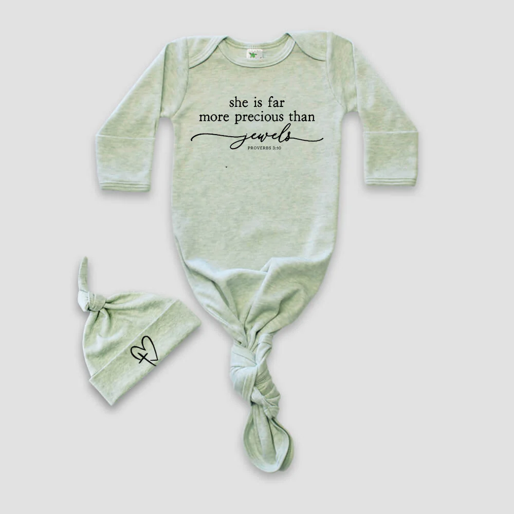 "SHE IS FAR MORE PRECIOUS THAN JEWELS" KNOTTED BABY GOWN AND HAT SET - Image 2