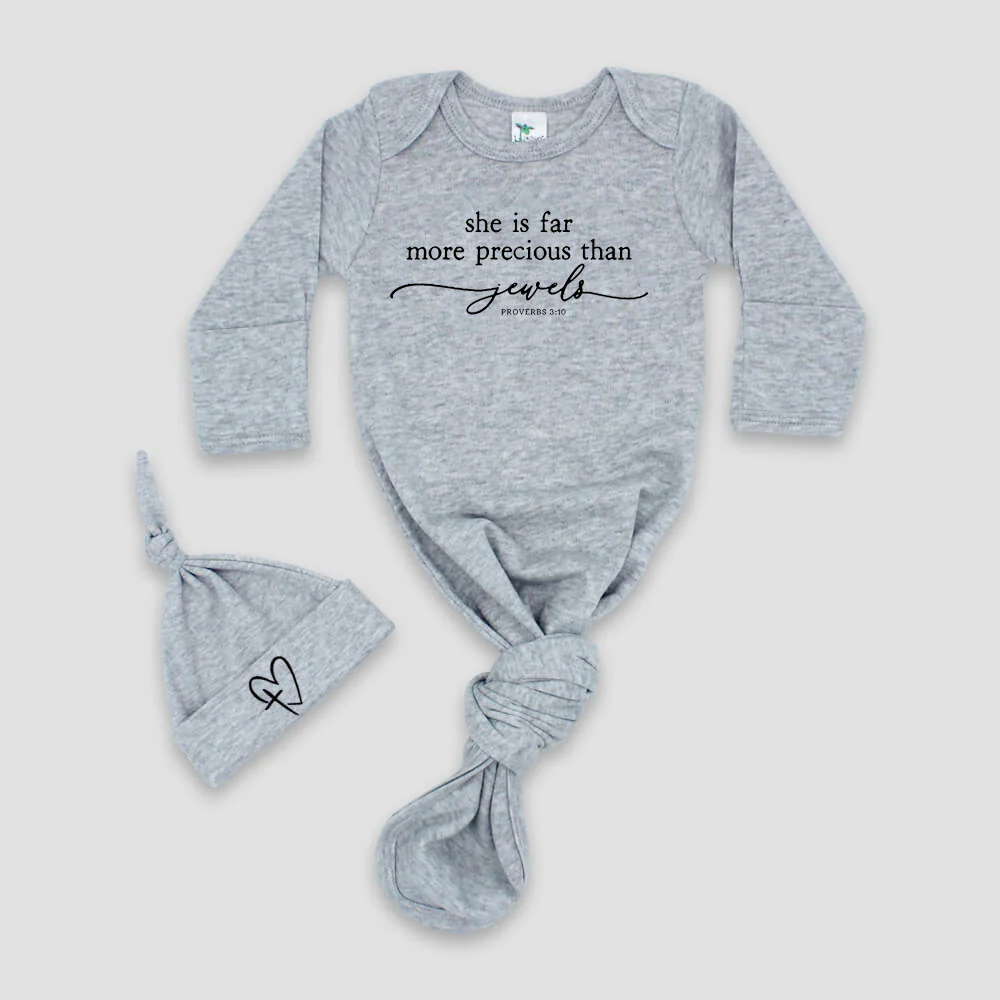 "SHE IS FAR MORE PRECIOUS THAN JEWELS" KNOTTED BABY GOWN AND HAT SET - Image 3